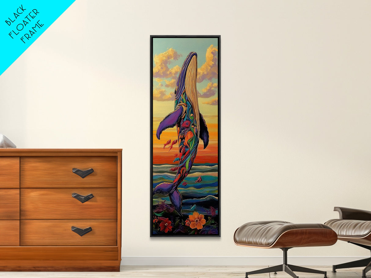 Rainbow Whale, Vibrant Ocean, Fantasy Sea Life, Framed Canvas Print, Whimsical Coastal Wall Art, Eclectic Living Room Nautical Decor
