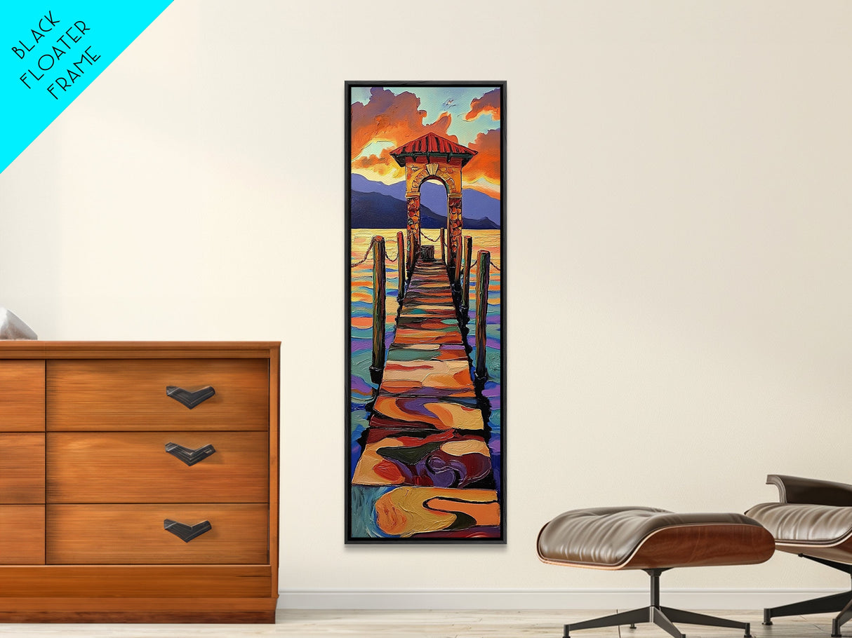 Sunset Pier, Pathway, Landscape, Framed Canvas Print, Coastal Wall Art, Sunset Beach Decor, Living Room Art, Colorful Landscape Painting
