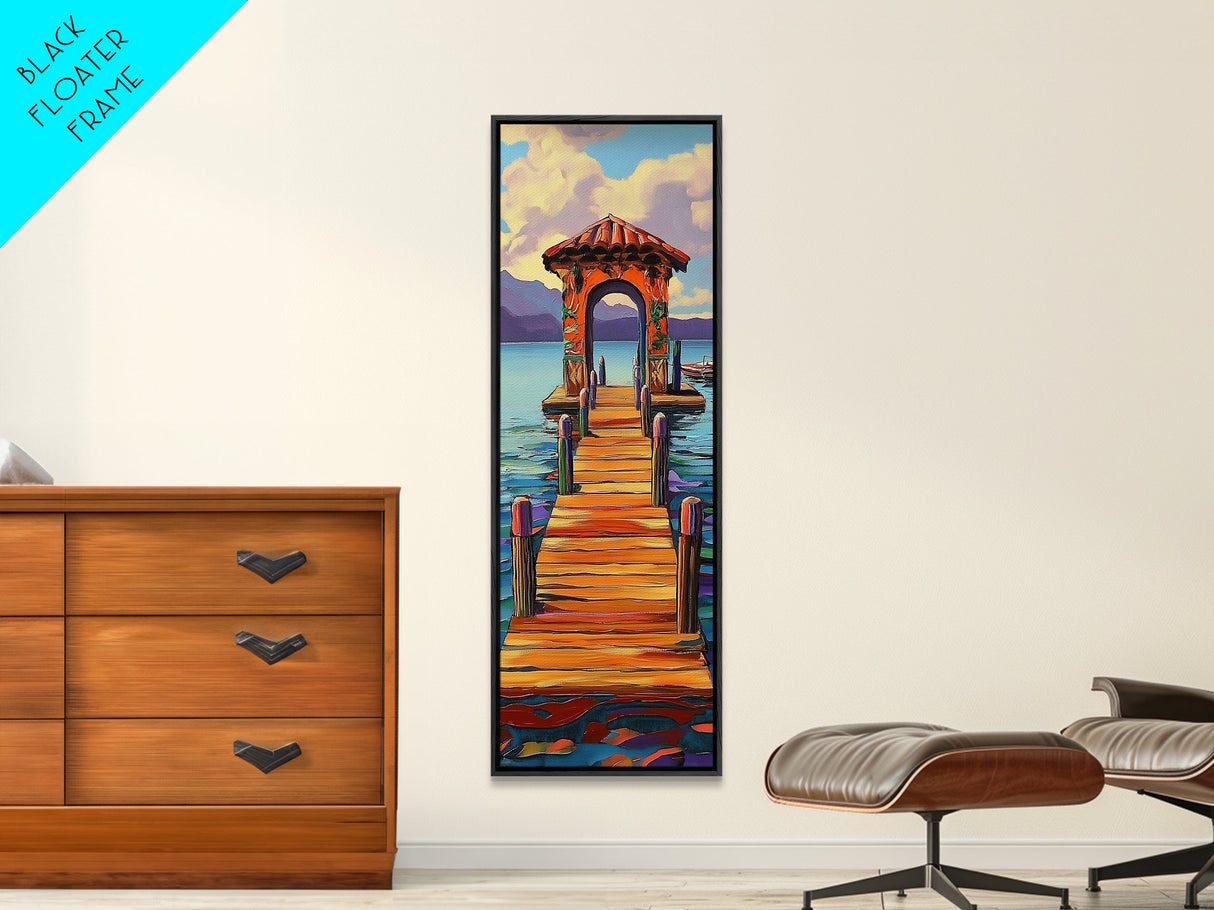 Colorful Pier, Archway, Water — Framed Canvas Print of a vibrant pier scene, coastal wall art, boho lake house decor, office accent