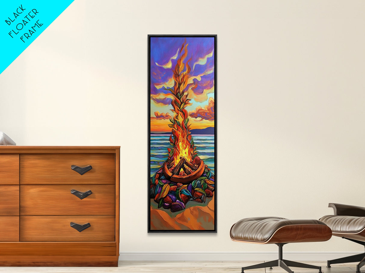 Vibrant Campfire, Sunset Beach – Colorful Beach Bonfire Painting, Fall Outdoor Wall Art, Framed Canvas Print, Cabin Living Room Style