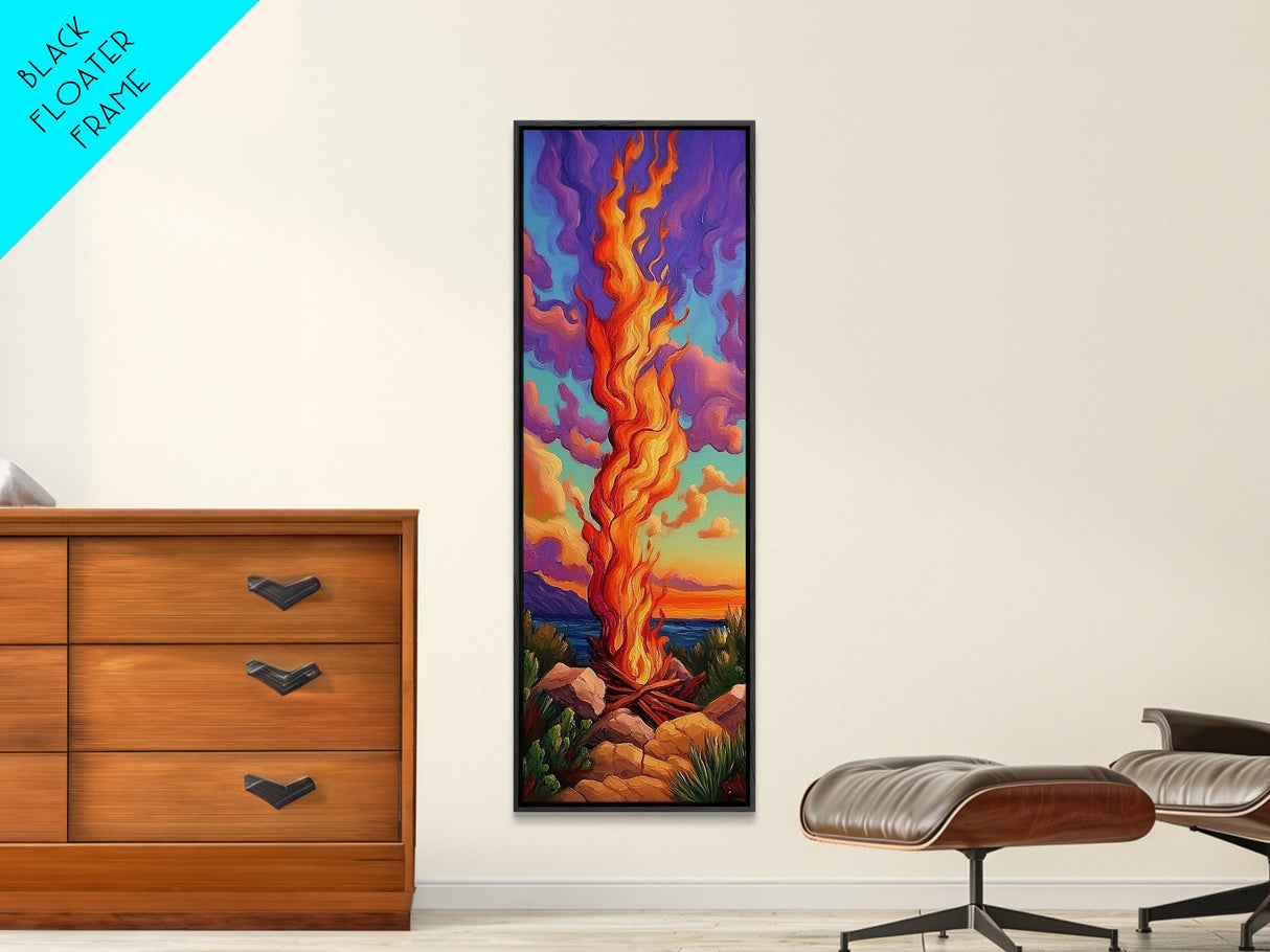 Fire Dusk, Mountains Vibrant – Scenic Bonfire Painting, Vibrant Nature Decor, Framed Canvas Print, Autumn Outdoor Living Room Art