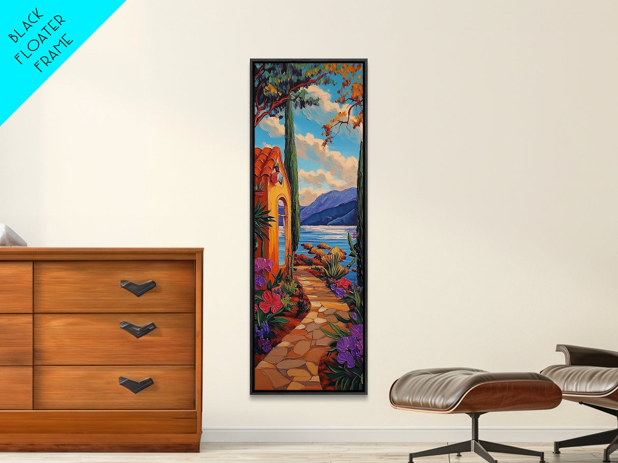 Seaside Garden, Pathway Escape, Framed Canvas Print, Mediterranean wall art, kitchen wall decor, colorful boho art, coastal landscape