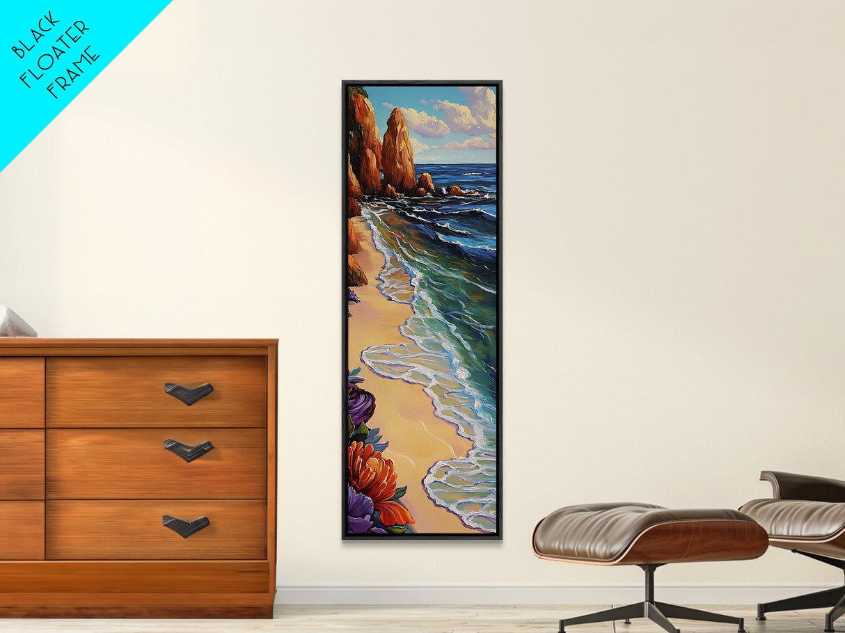 Shoreline Flowers, Ocean Tranquil, Framed Canvas Print, Coastal floral art, beach house decor, modern boho, bedroom wall art