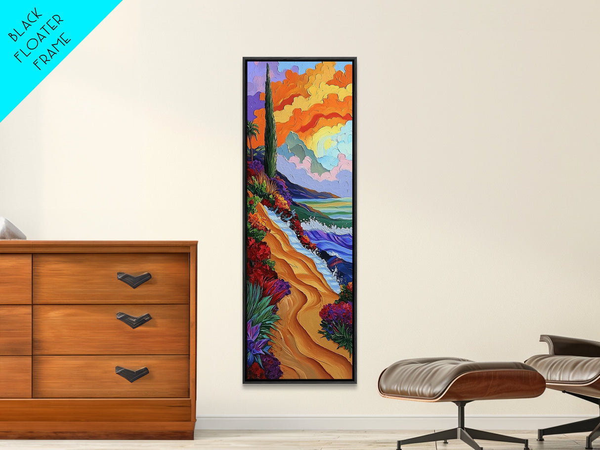 Sunset Beach, Garden, Path, Canvas Print, Autumn coastal art, bold floral landscape painting, entryway wall decor, seaside home accent