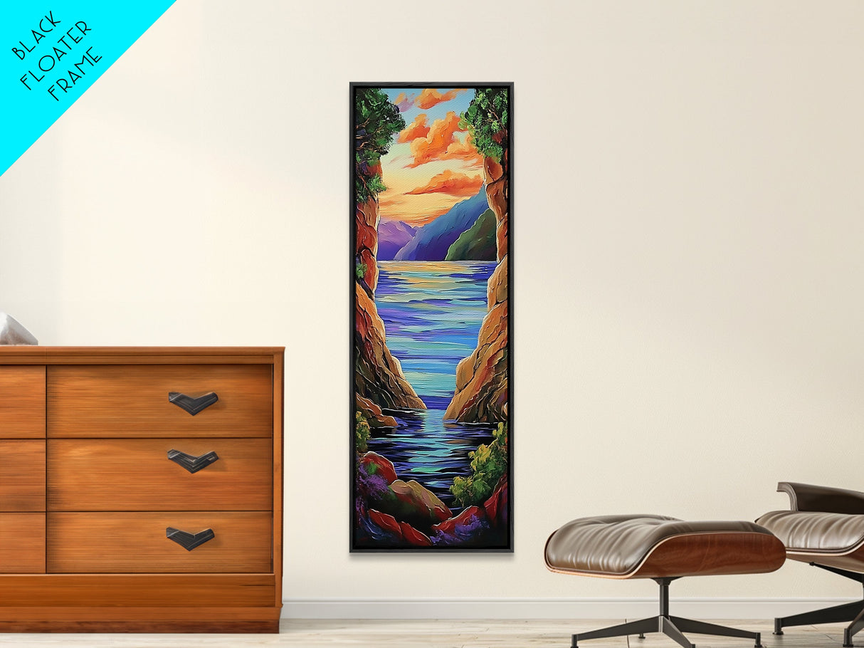 Mountain Canyon Sunset Water, Canvas Print, Sunset wall art, serene canyon lake painting, nature inspired hallway decor, boho peaceful print