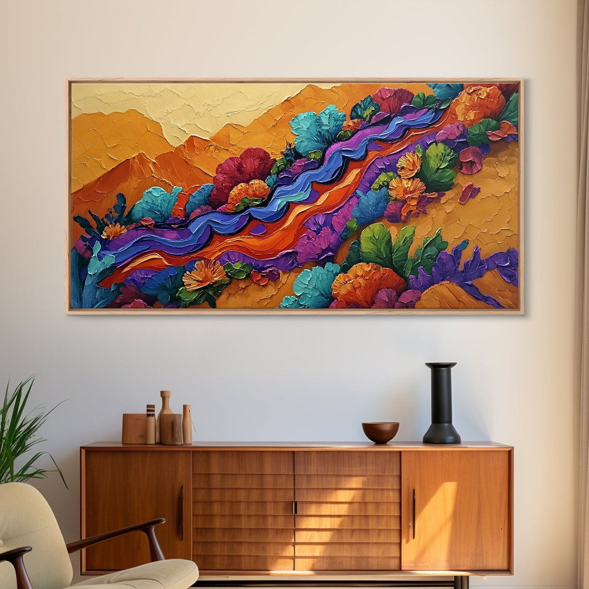 Mountains Flowers, Layers, Texture, Canvas Print, colorful impasto abstract mountain scene, modern art piece, textured fall wall decor
