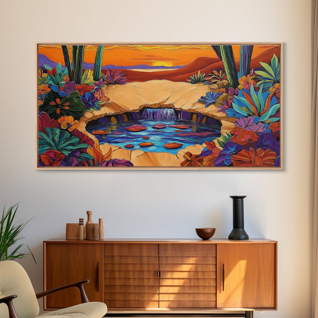 Sunset Cactus, Oasis, Vibrant Desert Canvas Print, Boho Living Room Wall Art, Colorful Sunset Painting, Southwest Style Artwork