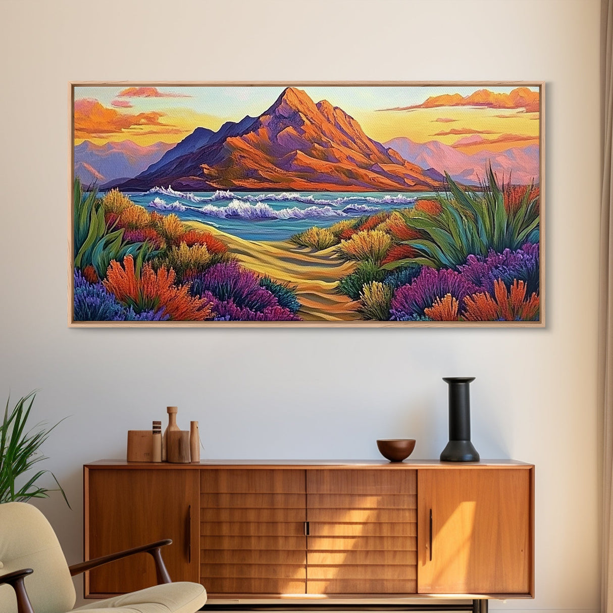 Mountains Waves, Path, Sunset Landscape Canvas Print, Colorful Nature Wall Art, Southwest Bedroom Decor, Autumn Art Style