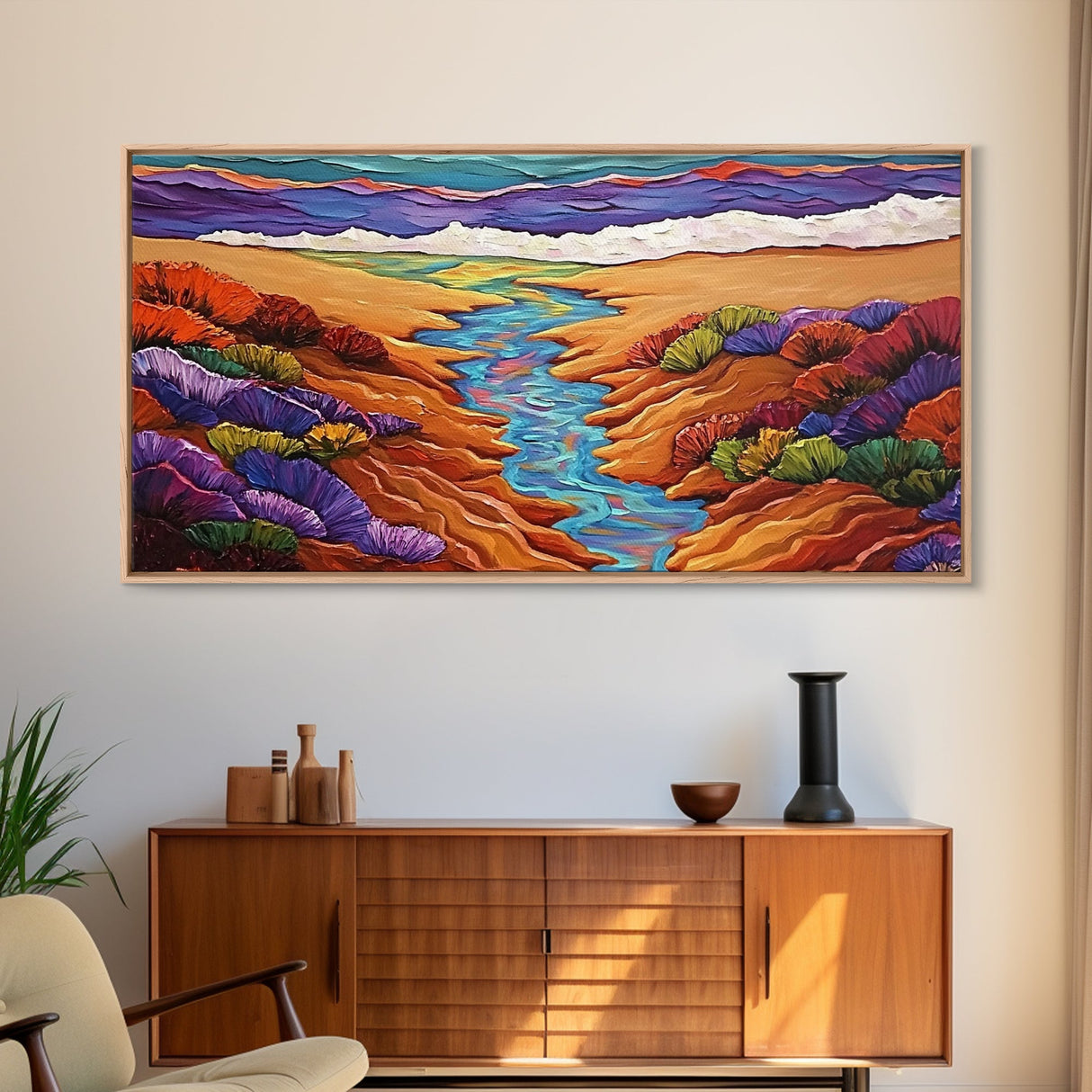 Stream Desert, Flowers, Vibrant Nature Canvas Print, Southwest Landscape Wall Decor, Autumn Living Room Boho Art Style
