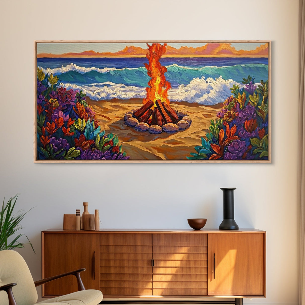 Fire Beach, Ocean, Framed Canvas Print, Sunset Beach Bonfire Painting, Vibrant Coastal Campfire Wall Art, Boho Living Room Decor