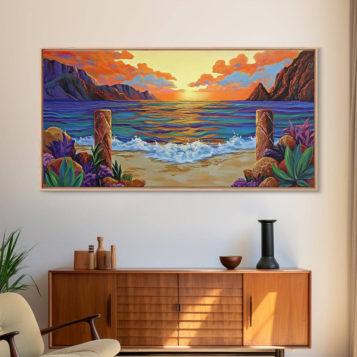 Sunset Beach, Waves, Colorful sunset beach seascape with waves and mountain view, Canvas Print, tropical coastal wall decor