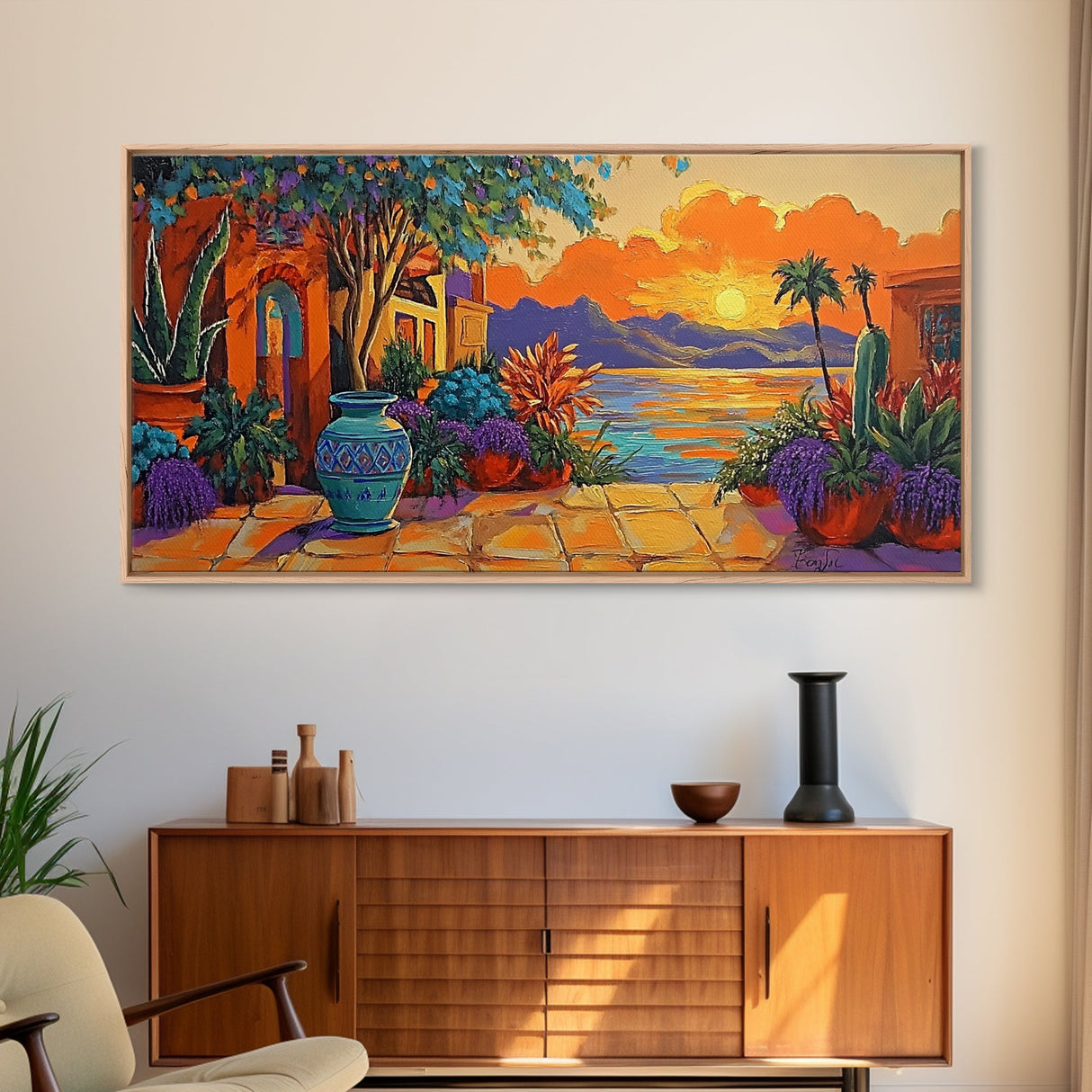 Sunset Courtyard, View, Vibrant sunset courtyard scene with ocean and mountain backdrop, Framed Canvas Print, kitchen wall art
