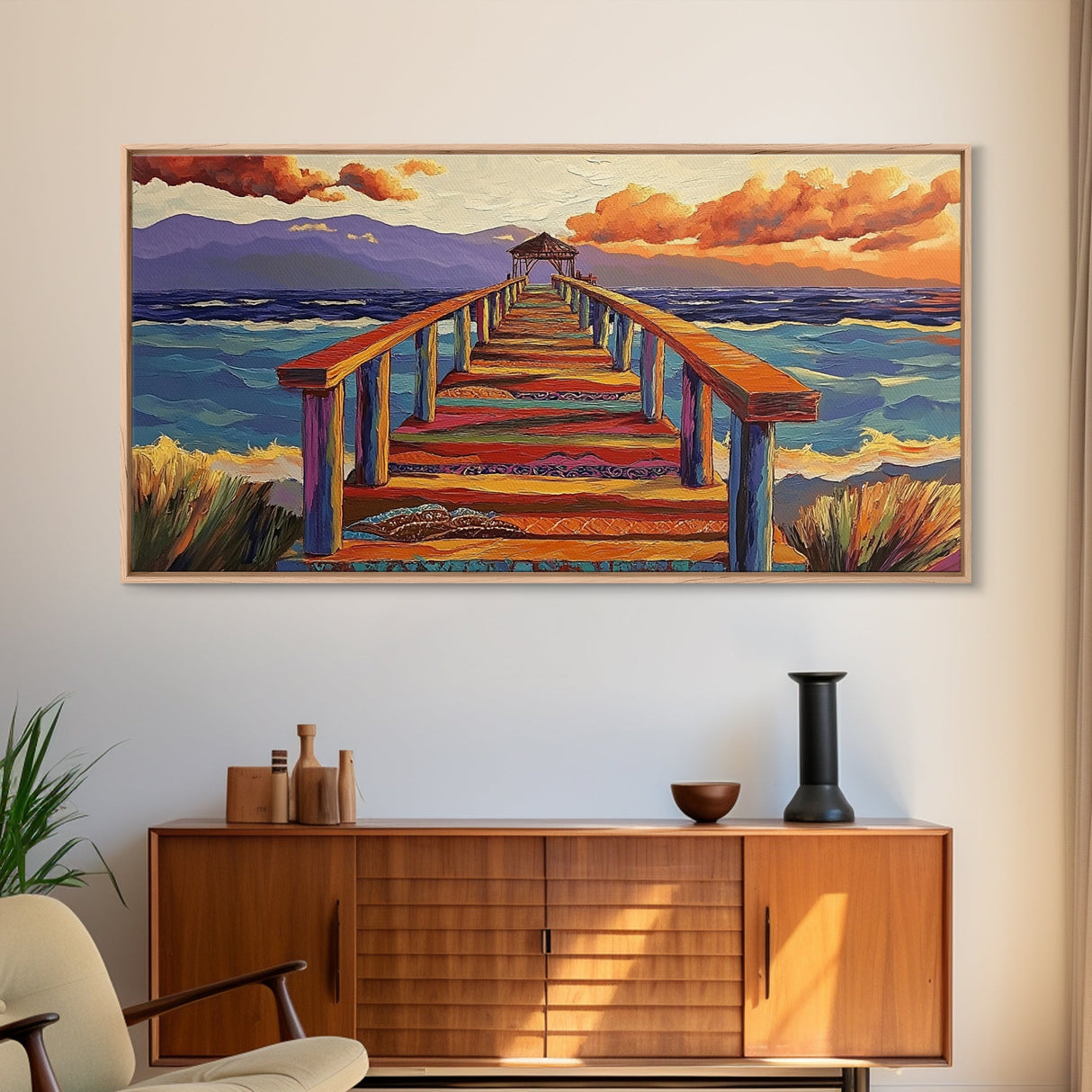 Pier Ocean, Sunset, Vibrant sunset over colorful pier walkway into the sea, Framed Canvas Print, coastal living decor