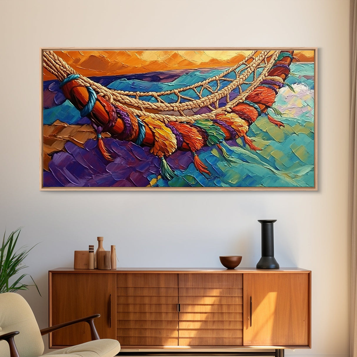 Hammock, Relax, Tropical, Sunset, Framed Canvas Print, Vibrant tropical vibes, beachy boho wall art, bedroom or sunroom decor