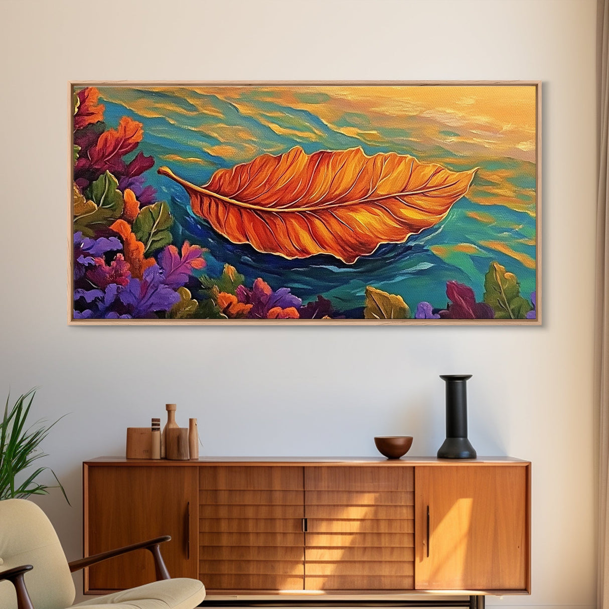 Leaf, Autumn, Floating, Nature, Framed Canvas Print, Fall themed leaf painting, cozy seasonal decor, rustic kitchen wall art