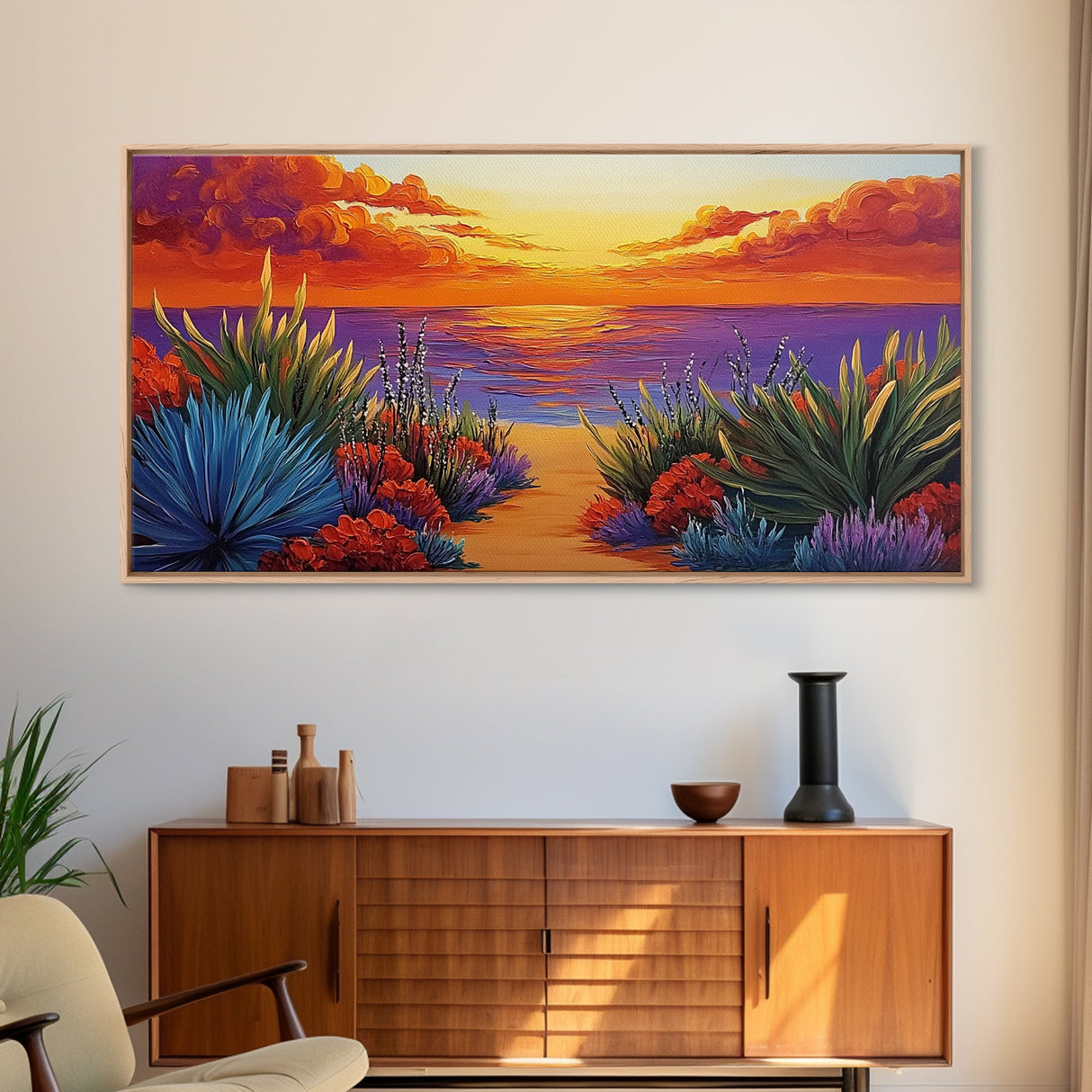 Sunset Ocean, Path, Canvas Print, Coastal sunset landscape, hallway tropical art, bright colorful decor, Beach House Wall Art
