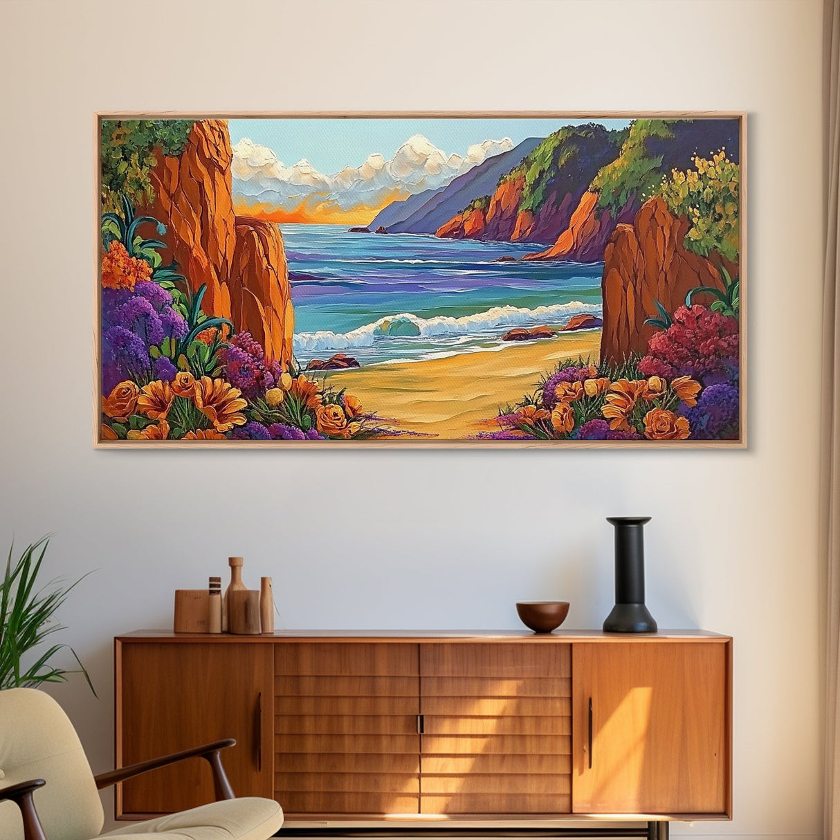 Ocean Cliffside, Flowers, Canvas Print, Colorful beachscape painting, Bathroom Wall Art, vibrant coastal decor,beach flower wall art