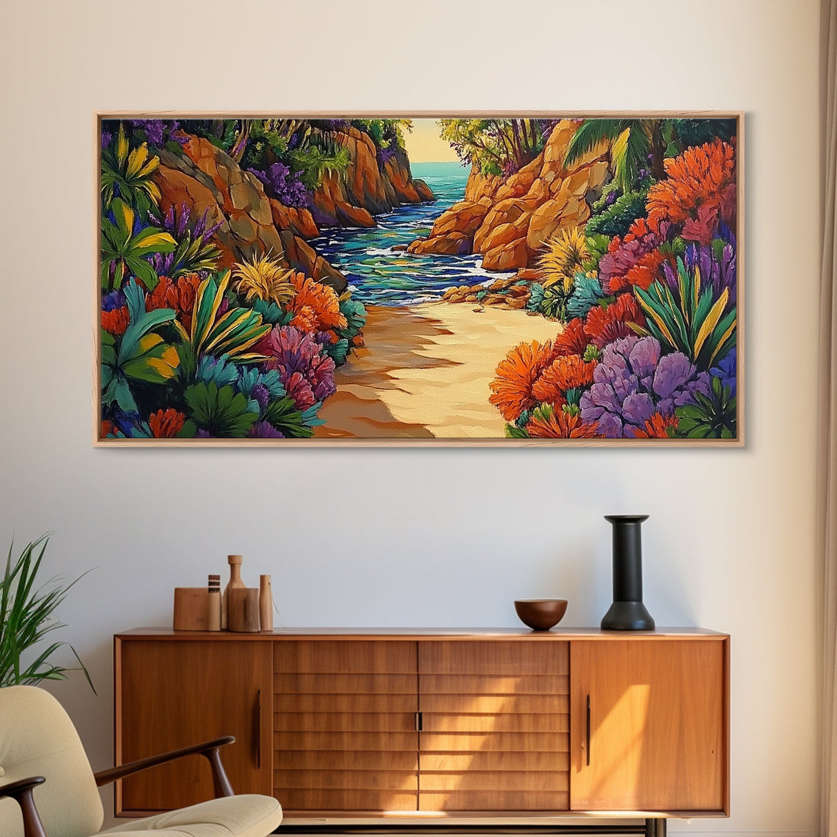 Jungle Cove, Bright, Canvas Print, Lush tropical jungle path to sea, Dining Room Wall Art, nature artwork, bohemian coastal print