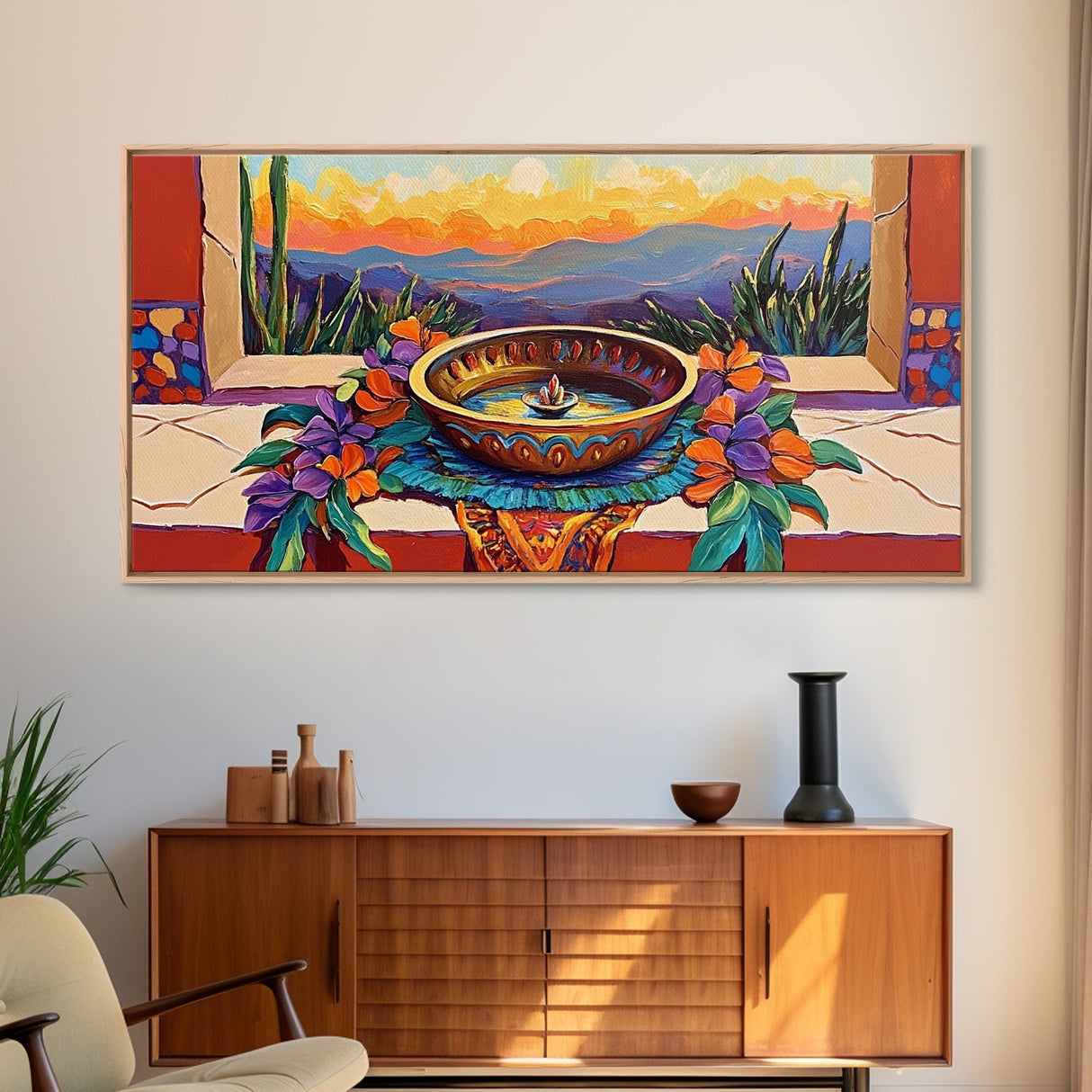 Fountain Sunset Flowers, Serenity, Framed Canvas Print, Southwestern Wall Art, Boho Vibe, Tranquil Home Decor, Kitchen or Entryway Art