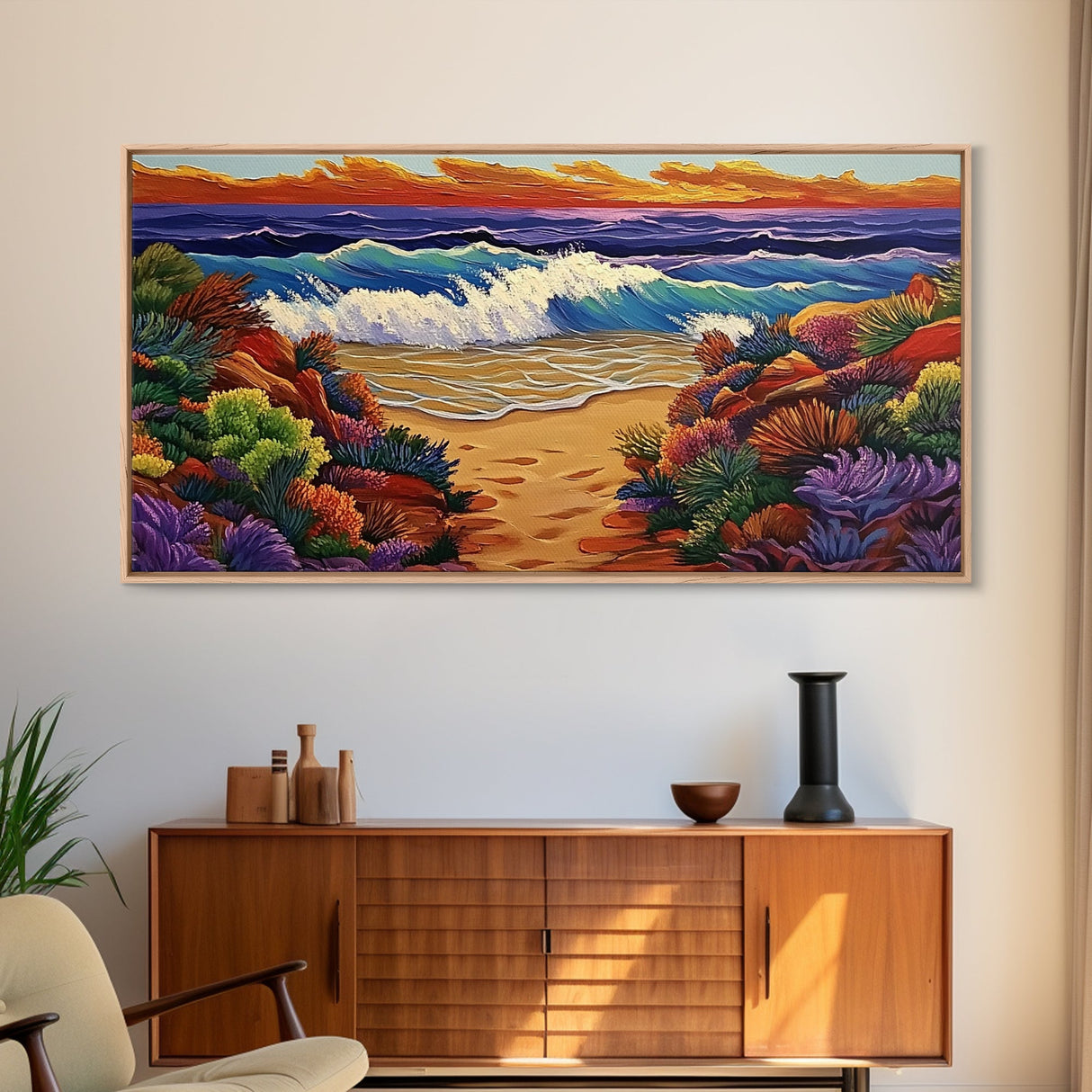 Waves Beach, Sunset, Coastal, Framed Canvas Print, Ocean Wall Art, Colorful Seascape Decor, Nautical Living Room Accent, Coastal Vibes