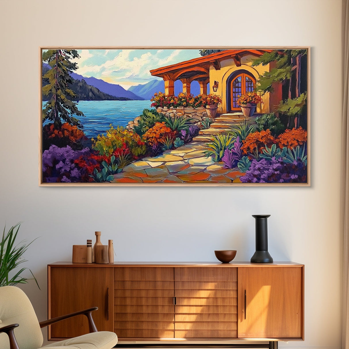Lake Cabin, Garden, Pathway, Framed Canvas Print lakeside retreat artwork, rustic home wall art, cozy landscape scene, autumn print