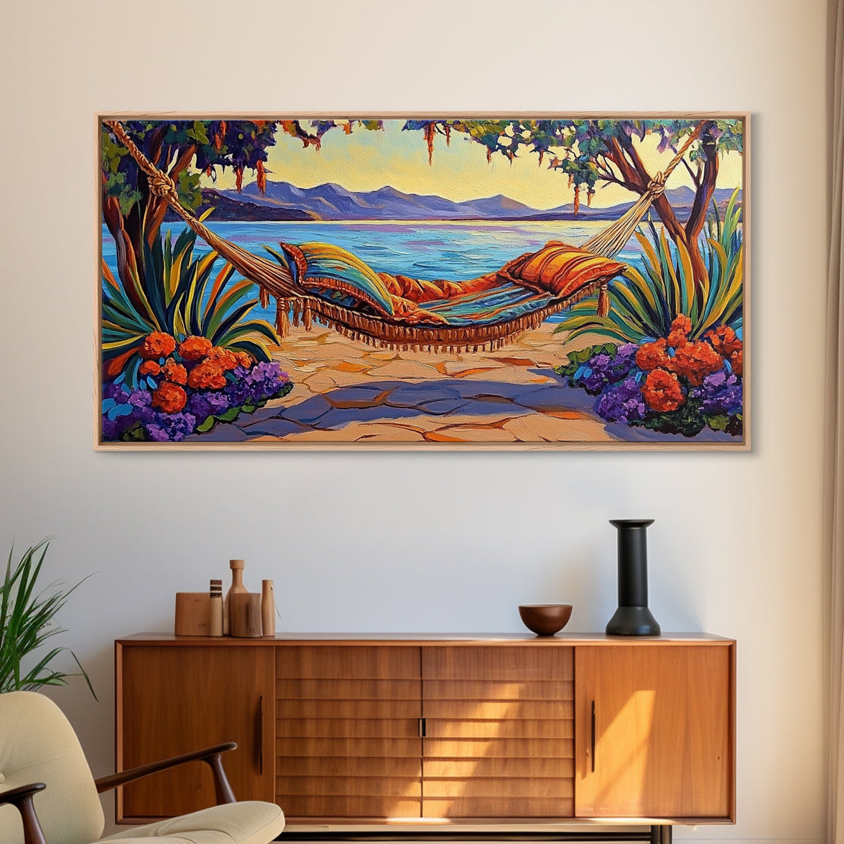 Hammock Lake, Relax, Peace, Framed Canvas Print tropical lakeside retreat artwork, relaxing boho bedroom art, beachy summer decor