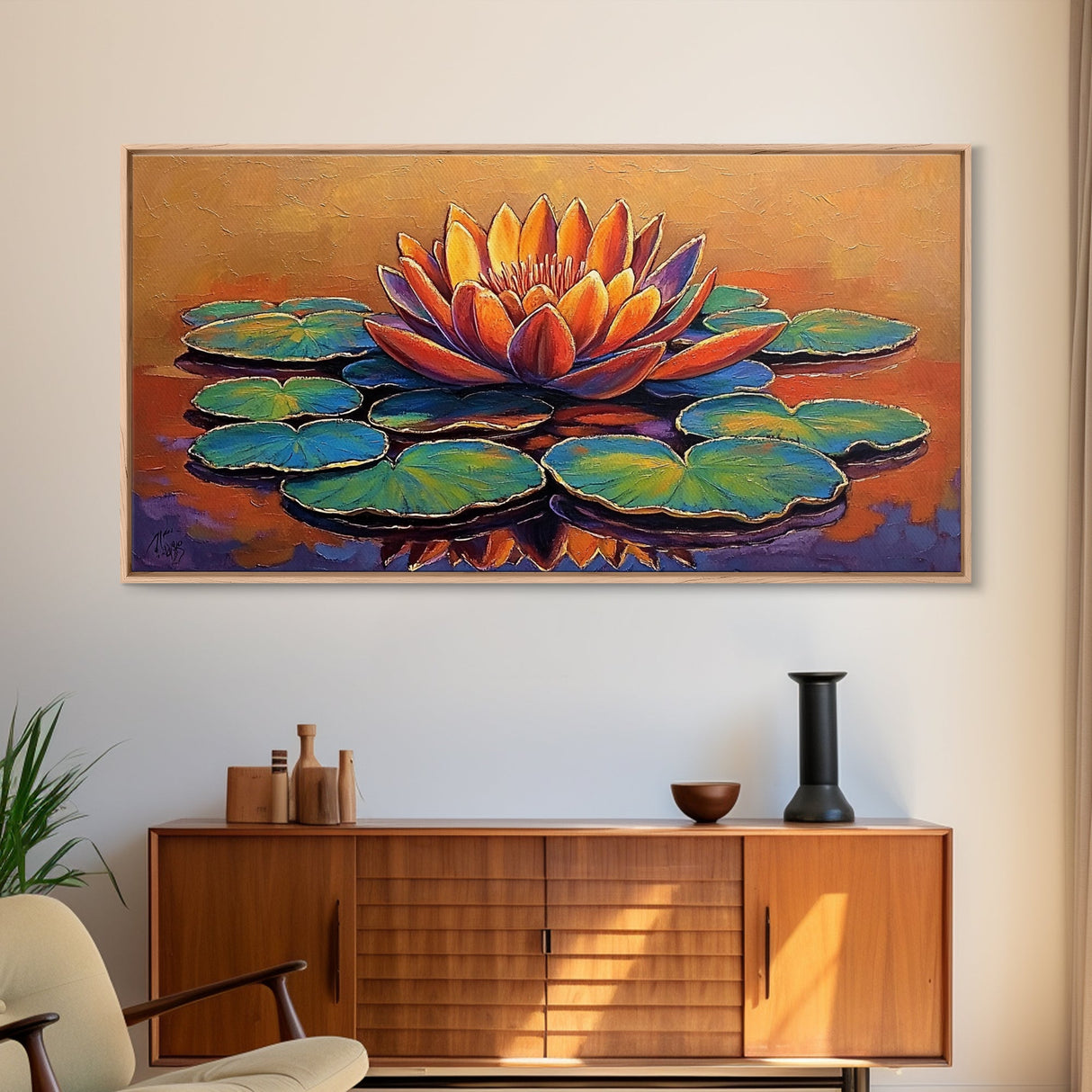 Lotus Lily, Pond, Zen, Canvas Print, Meditative floral wall art, zen home office decor, vibrant water lily boho art, yoga room painting