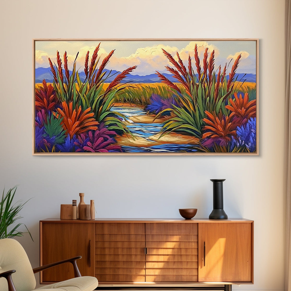 Marsh Grassland, Sunset, Scene, Framed Canvas Print rustic farmhouse art, colorful Fall wall decor, bedroom landscape canvas
