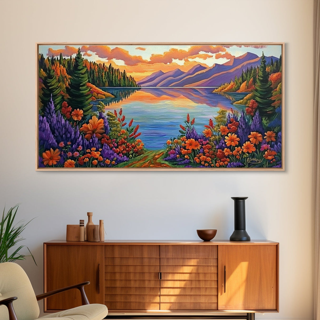 Mountain Lake, Sunset Reflection, Wildflower Meadow, Canvas Print, Vibrant Nature Art, Living Room or Cabin Wall Decor