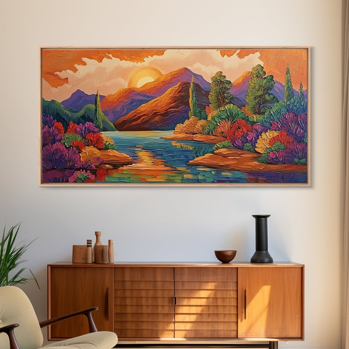 Sunset Lake, Autumn Trees, Mountain Reflections, Framed Canvas Print, Cozy Fall Wall Art, Bedroom Decor, Warm Landscape Painting