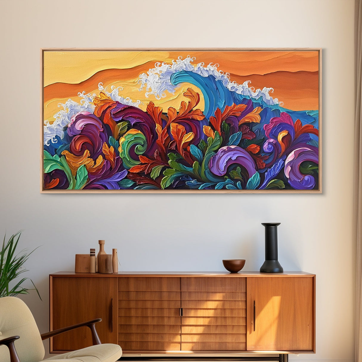 Abstract Wave, Tropical Swirl, Sunset Motion, Framed Canvas Print, Colorful Modern Wall Art, Living Room Decor, Bold Ocean Art
