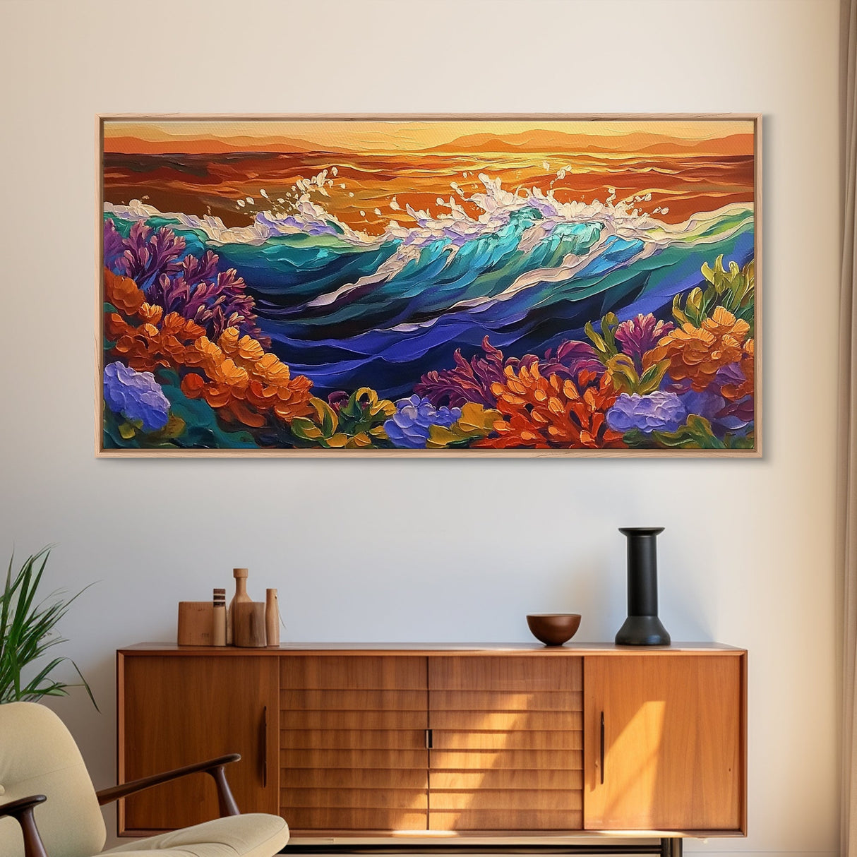 Ocean Bloom, Sunset Surf, Tropical Waves, Canvas Print, Vibrant Coastal Wall Art, Beach House Decor, Colorful Seascape Painting