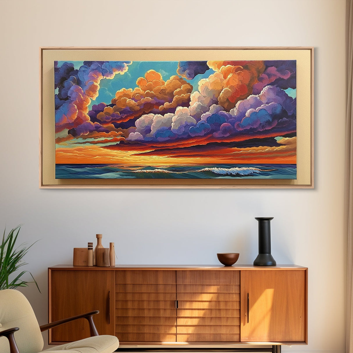 Sunset Sky, Ocean, Dreamscape, Canvas Print, colorful wall art, dreamy cloudscape, living room decor, vibrant fantasy atmosphere