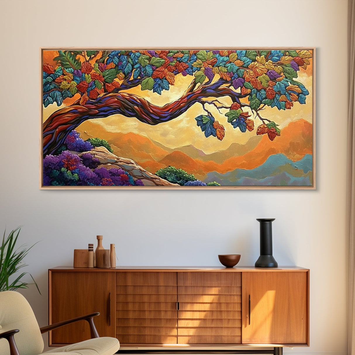 Tree Autumn, Leaves, Branches, Framed Canvas Print, foliage fall decor, mountain wall art, boho style living room, nature painting
