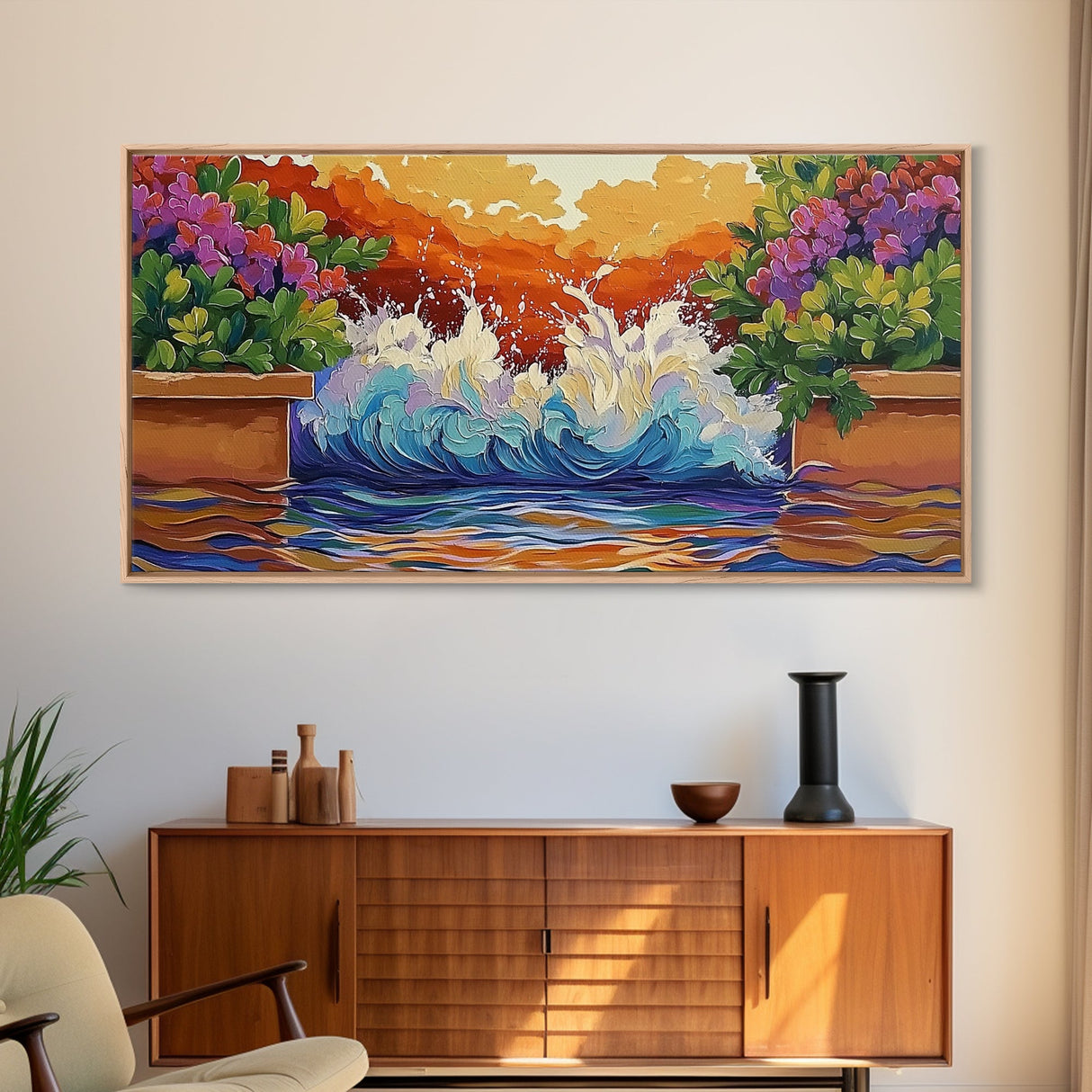 Splash Ocean, Garden, Patio, Canvas Print, bold wave crashing, vibrant tropical garden wall art, outdoor decor, boho coastal style