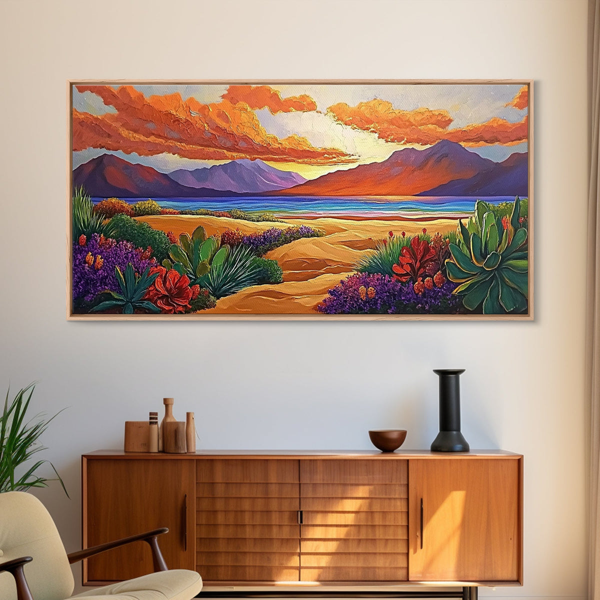 Sunset Desert, Mountains, Canvas Print, Vibrant desert landscape art with sunset sky and mountains, perfect Living Room Wall Art
