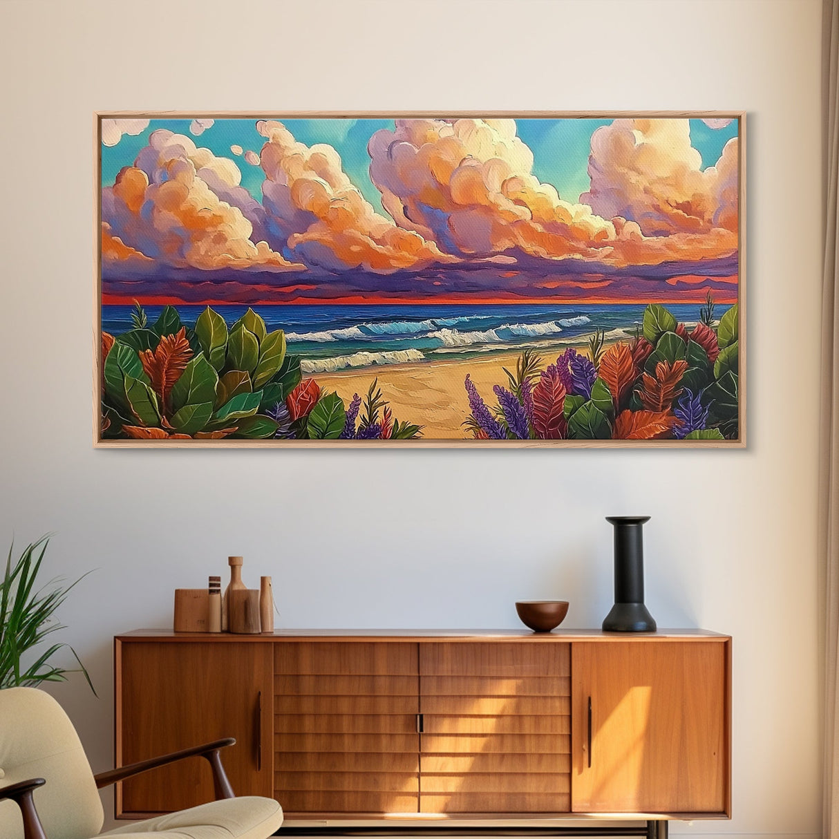 Tropical Beach, Clouds, Canvas Print, Colorful coastal beach artwork with dramatic clouds and waves, Bathroom Wall Art, coastal style
