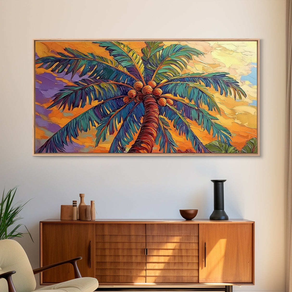 Palm Tree Sunset, Tropical, Framed Canvas Print, Bold colorful palm tree art in sunset sky, great Summer Beach Wall Art, tropical decor