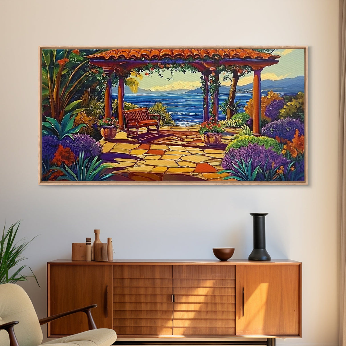 Garden Ocean View, Terrace, Framed Canvas Print, Serene garden bench by the ocean with colorful flowers, perfect Living Room Wall Art