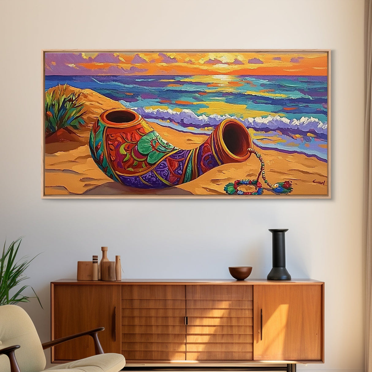 Horn Sand, Sunset, Shore, Framed Canvas Print boho beach decor, living room Mexican art, coastal horn painting, rustic folk art