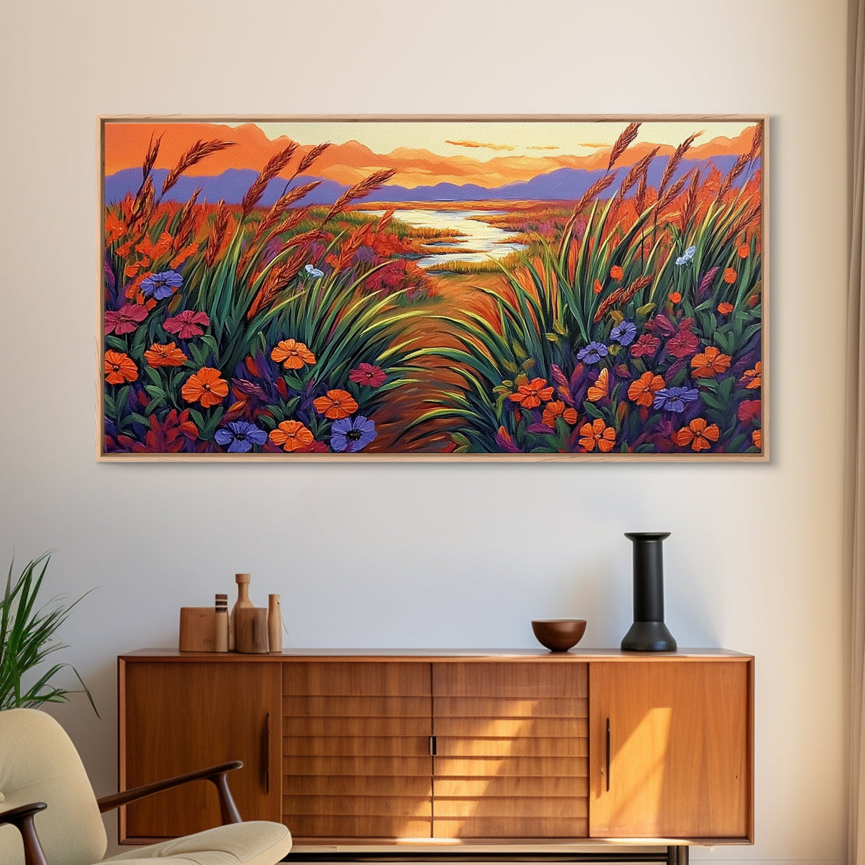 Wildflowers, River, Mountains, Autumn, Canvas Print fall floral decor, rustic meadow art, nature landscape painting, country living room