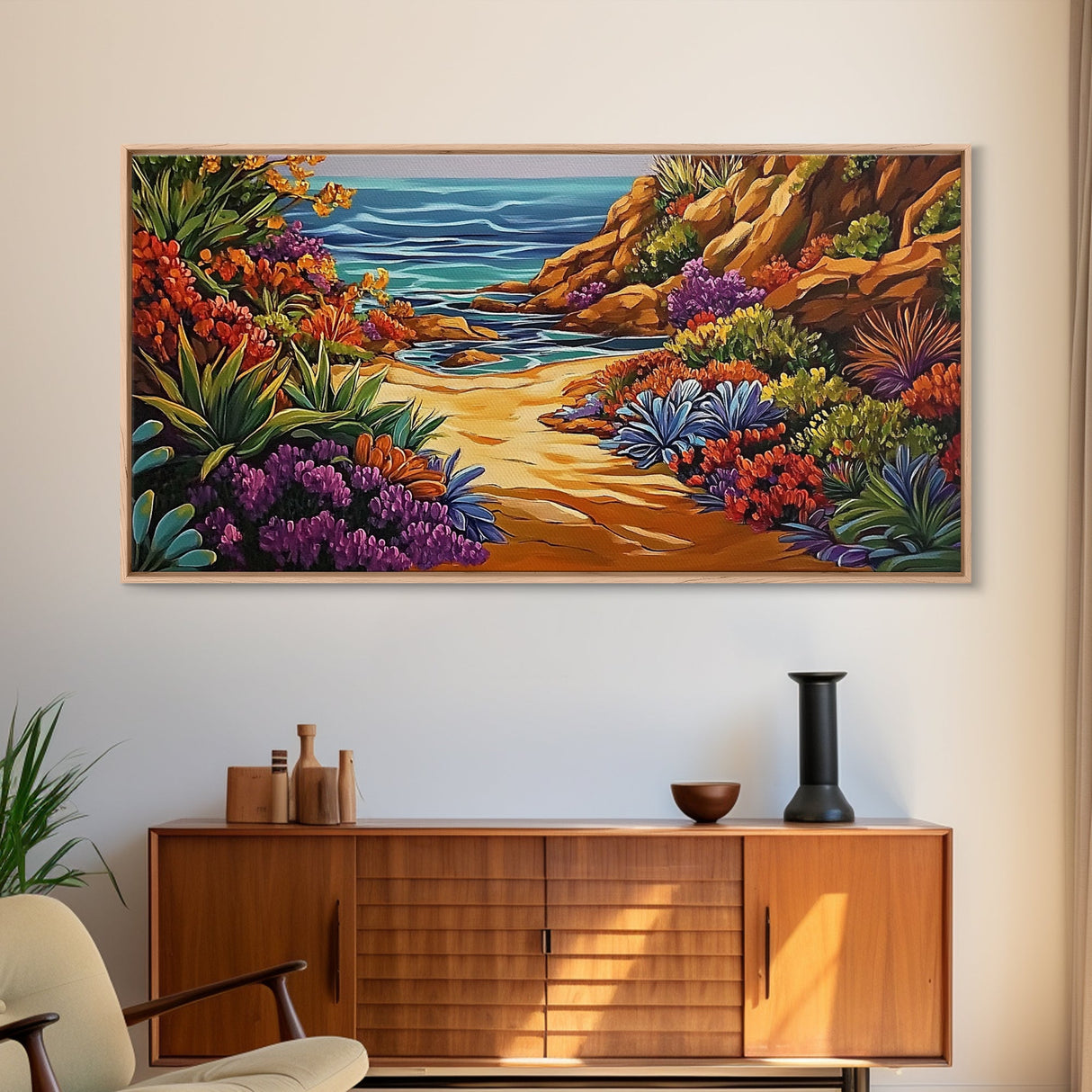 Colorful Beach, Pathway, Painting, Framed Canvas Print vibrant coastal trail wall decor, tropical beach boho art, hallway accent