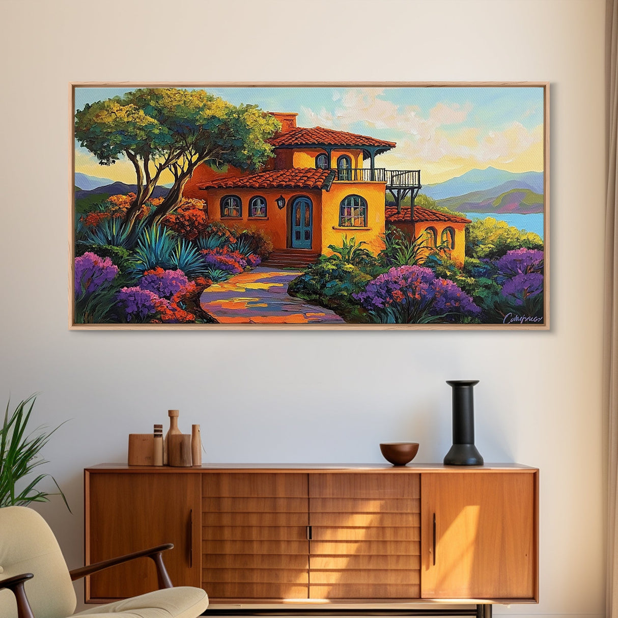 Villa Hillside, Coastal, Colorful, Framed Canvas Print Mediterranean house art, vibrant landscape painting, kitchen boho decor print