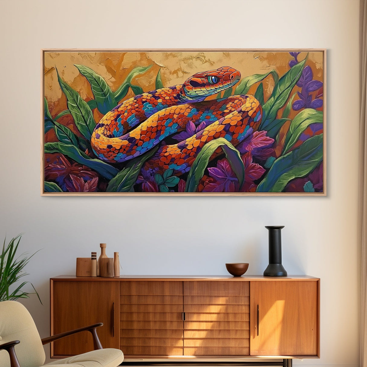 Colorful Snake, Nature, Framed Canvas Print, Jungle Reptile Wall Art, Tropical Home Decor, Bold Wildlife Art, Bedroom Accent, Boho Style