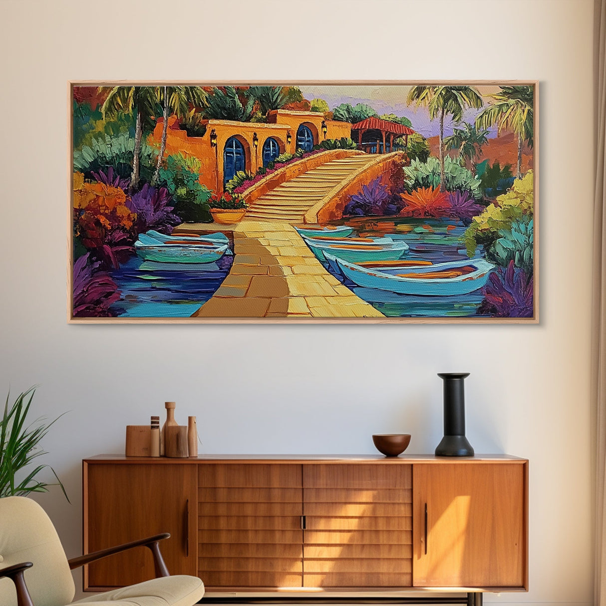 Tropical Boats, Colorful, Lagoon, Canvas Print, boats docked at tropical villa, Living Room Wall Art, vibrant coastal art, boho décor