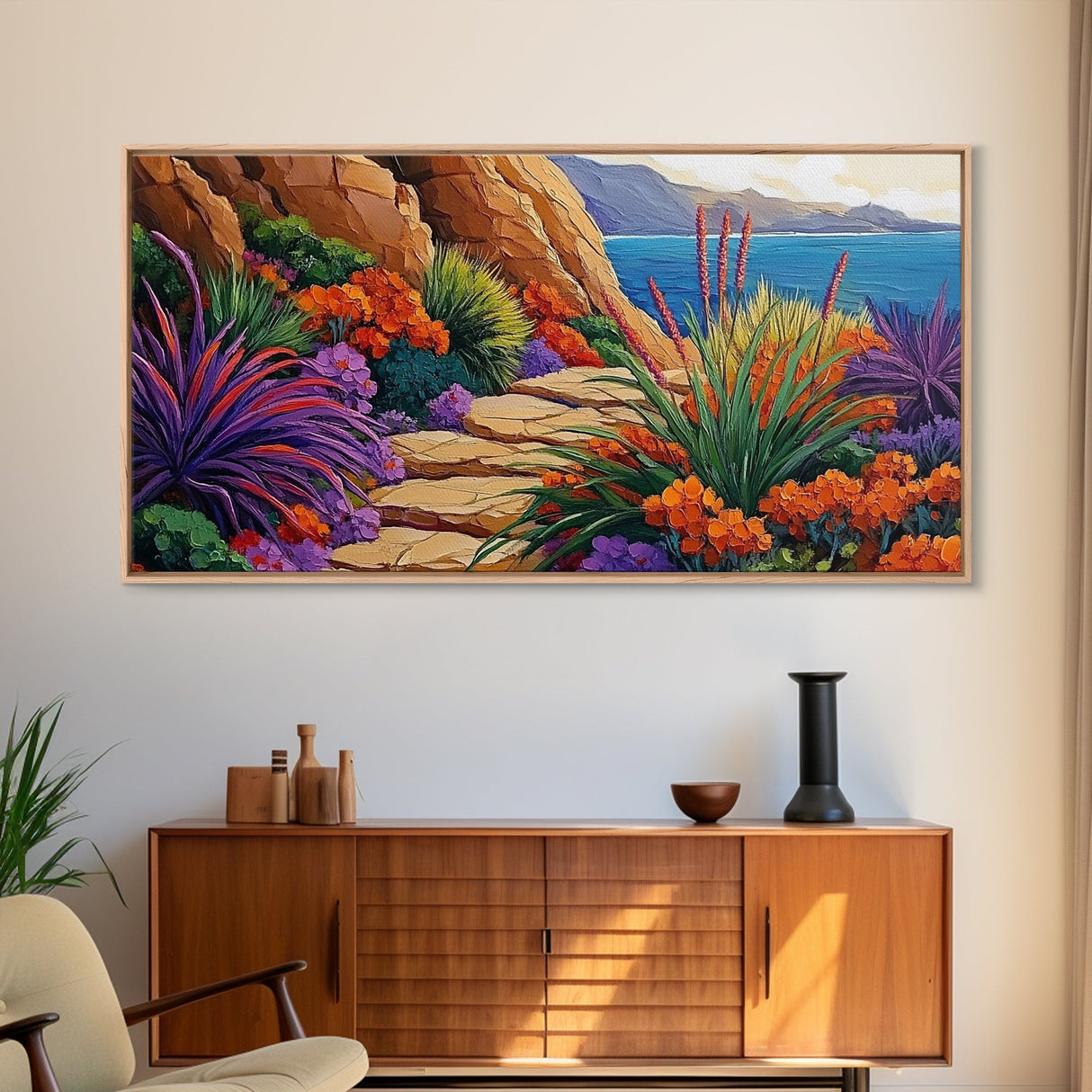 Floral Path, Coastal Trail, Ocean View, Framed Canvas Print, Bright Nature Wall Art, Vibrant Hallway or Kitchen Boho Decor