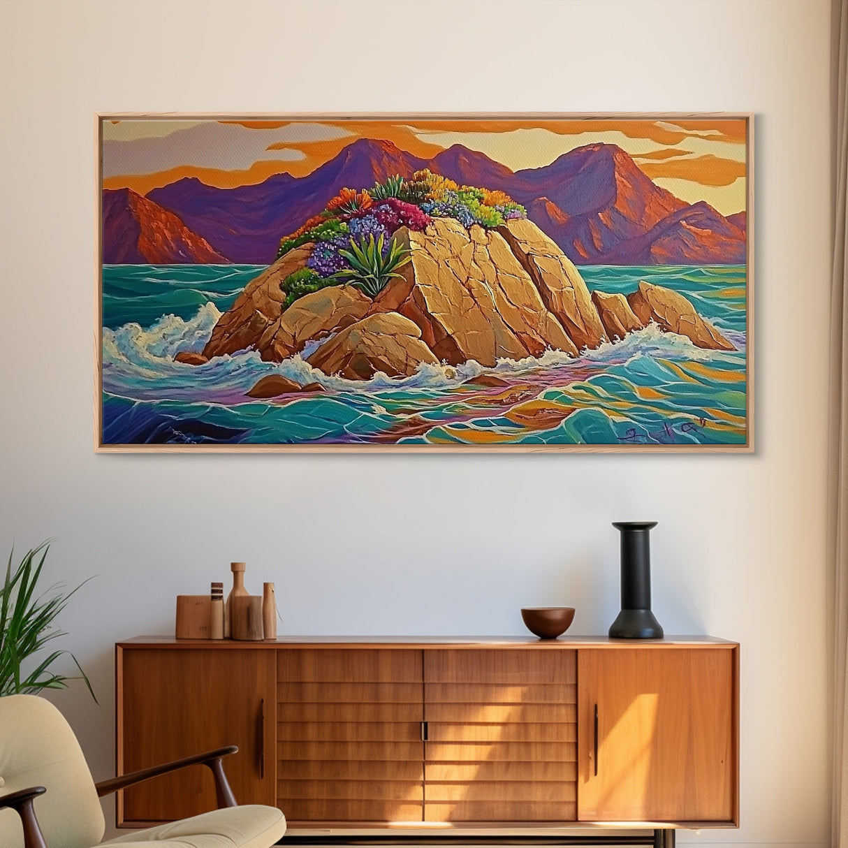 Island Sunset, Coastal Flowers, Ocean Rocks, Framed Canvas Print, Tropical Landscape Wall Art, Colorful Living Room Art, Entryway Decor