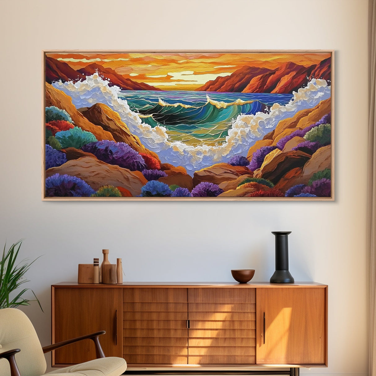 Wave Crash, Sunset Coast, Rocky Horizon, Canvas Print, Dramatic Seascape Wall Art, Ocean Inspired Living Room Art, Study Decor