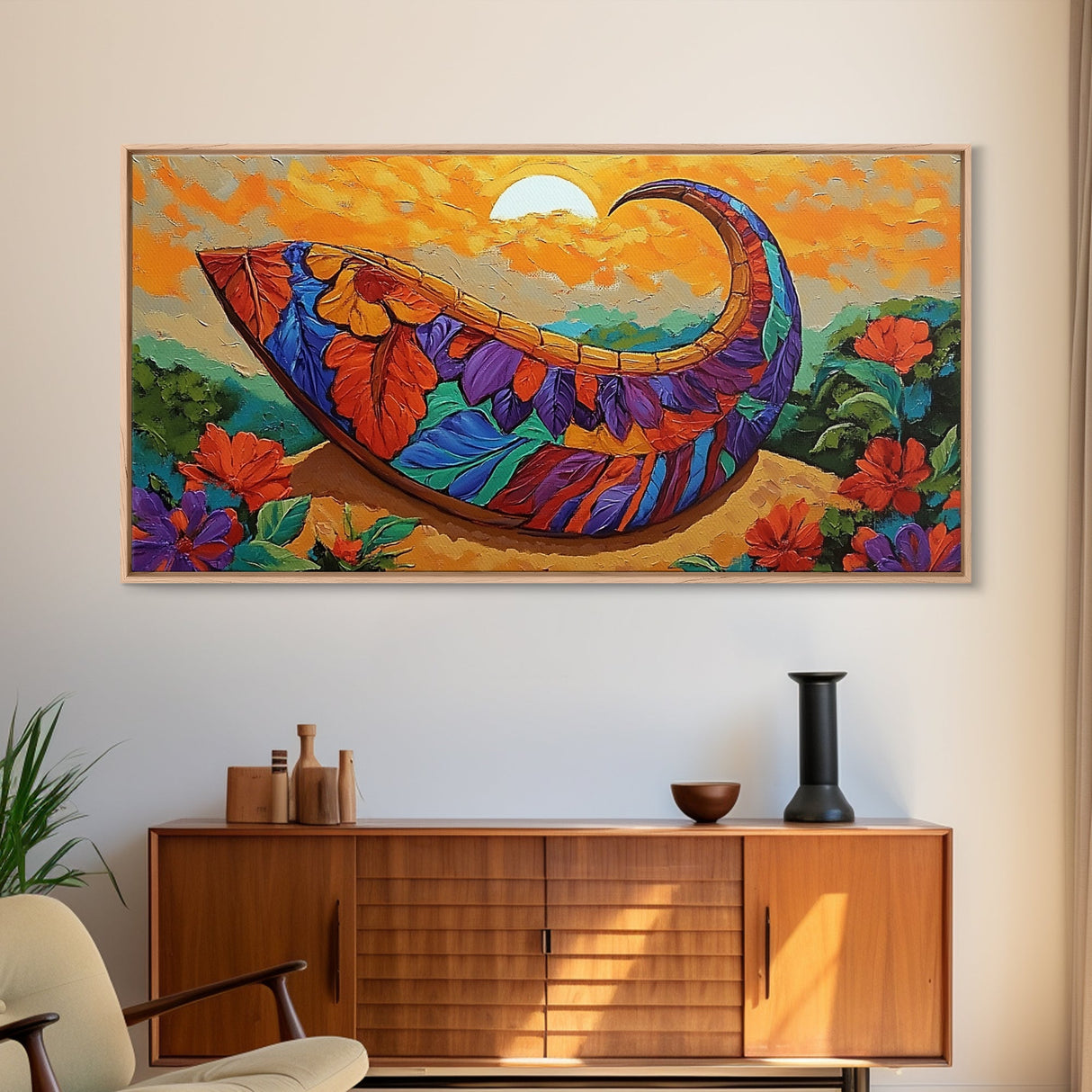 Harvest Sunset, Cornucopia, Floral, Framed Canvas Print Thanksgiving wall art, vibrant boho painting, Fall kitchen decor, rustic style