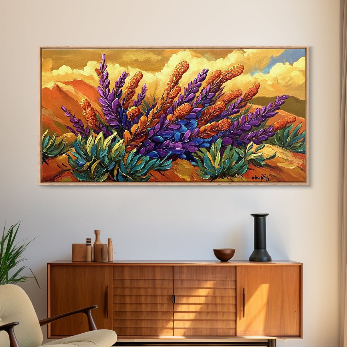 Lavender Bloom, Desert, Hillside, Framed Canvas Print Vibrant floral wall art, southwest boho style, Autumn art, hallway decor
